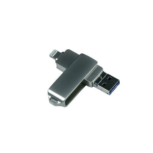 USB-флешка на 64 Гб, интерфейс USB3.0, поворотный механизм,c дополнительными разъемами для I-phone Lightning и Micro USB,  полностью металлический корпус, серебро