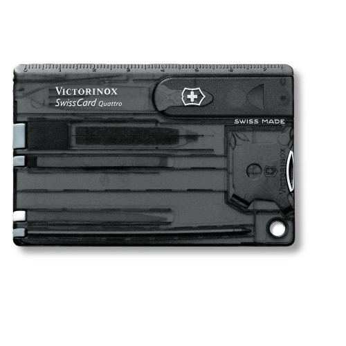 Швейцарская карточка VICTORINOX SwissCard Quattro, 13 функций, полупрозрачная чёрная