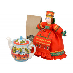 Набор Кремлевский: кукла на чайник, чайник заварной с росписью, чай травяной